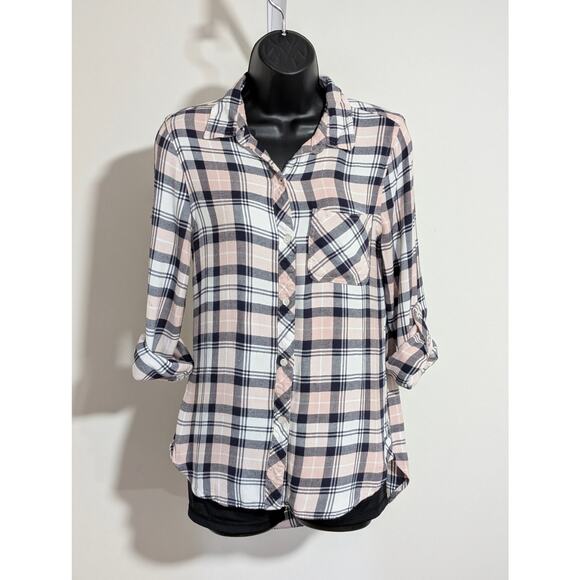 Kenneth Cole Reaction Pink & Navy Plaid Button Down Blouse Shirt Size Small - Picture 1 of 5